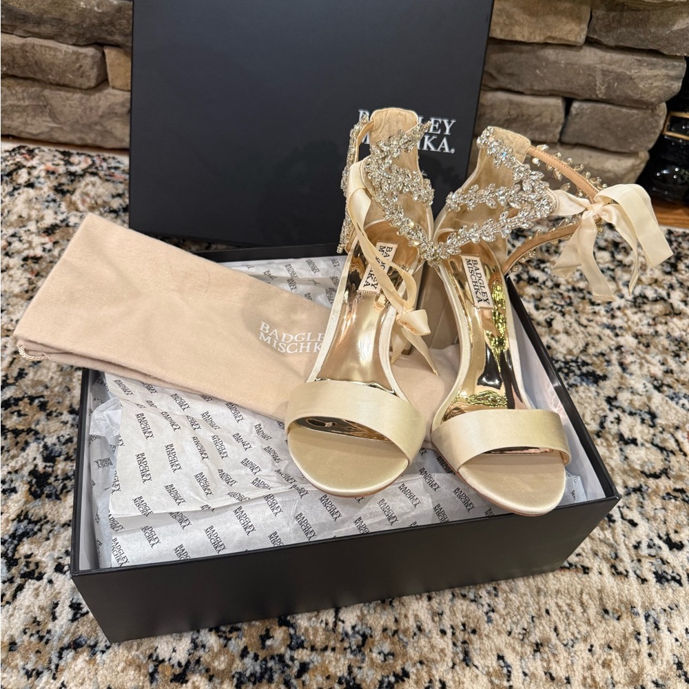 Badgley Mischka Satin Cream Heels with Embellishments - Picture 2 of 5